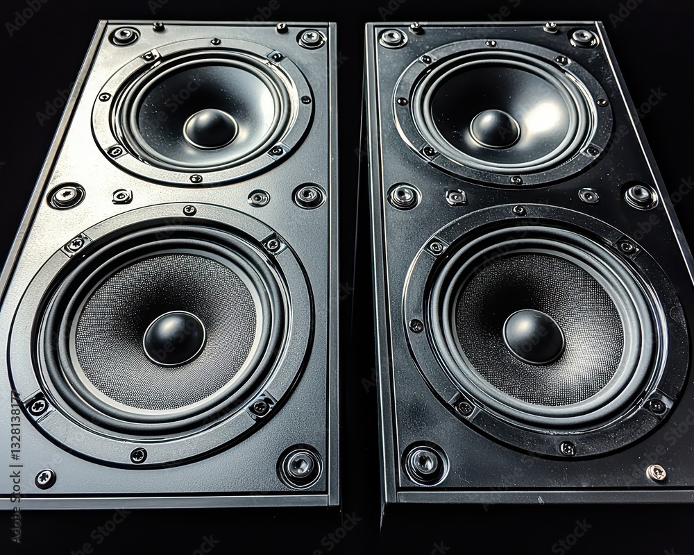 Two sleek, modern speakers are positioned side by side on a wooden shelf, their glossy black surfaces reflecting soft ambient light, creating a stylish and harmonious audio setup. Two sleek, modern speakers are positioned side by side on a wooden shelf, their glossy black surfaces reflecting soft ambient light, creating a stylish and harmonious audio setup.