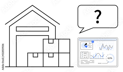 Warehouse with stacked boxes, analytics dashboard, and question bubble highlighting inventory insights. Ideal for logistics, supply chain, e-commerce, data analysis, decision-making, business