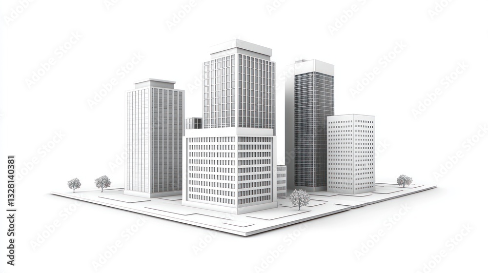 Fototapeta premium 3D city model, modern architecture, isometric city, graphic illustration, business background, urban landscape, design concept, white background, ideal for stock photos