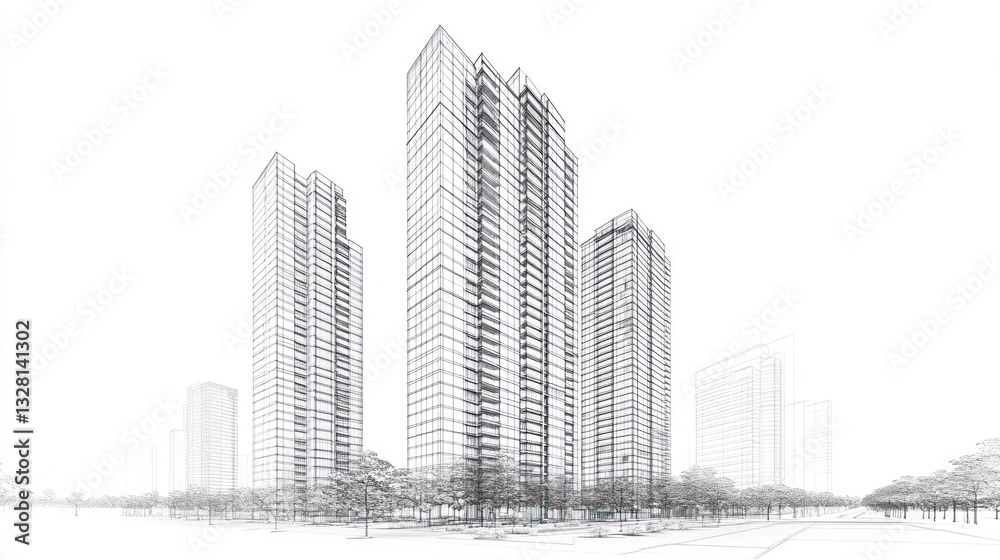 Fototapeta premium Architectural sketch of modern high-rise buildings, urban planning concept, urban design, use stock photo