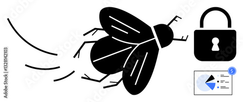 Flying bug near lock and data chart suggesting vulnerability, data breach, malware intrusion. Ideal for technology, cybersecurity, IT risk, bug tracking, hacking awareness, phishing alert flat