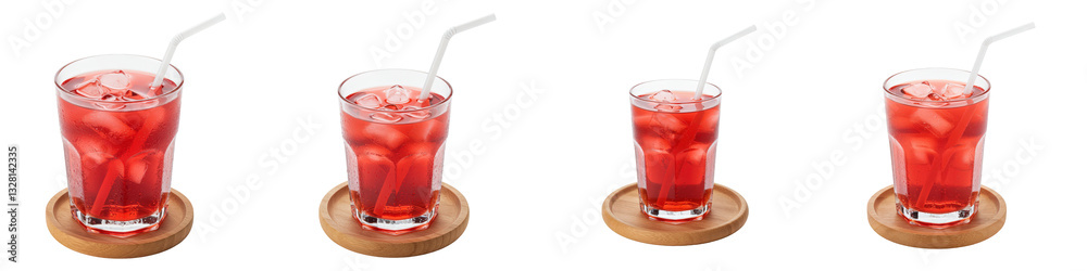 Set of Glass of Red Nectar with Ice and Straw on Coaster Set of Glass of Red Nectar with Ice and Straw on Coaster