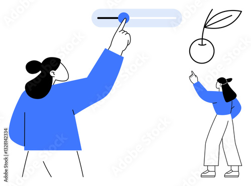 Person adjusts progress slider while another gestures towards a cherry symbolizing goal-setting. Ideal for personal growth, decision-making, productivity, achievement, motivation, goals, balance