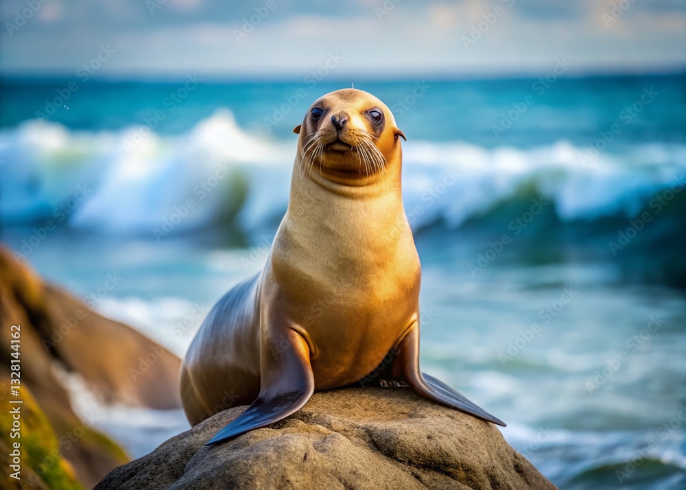 Fototapeta premium Minimalist Sea Lion on Ocean Rock: Wildlife Photography