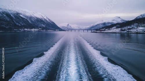 Winter fjord cruise, snow-capped mountains, bridge