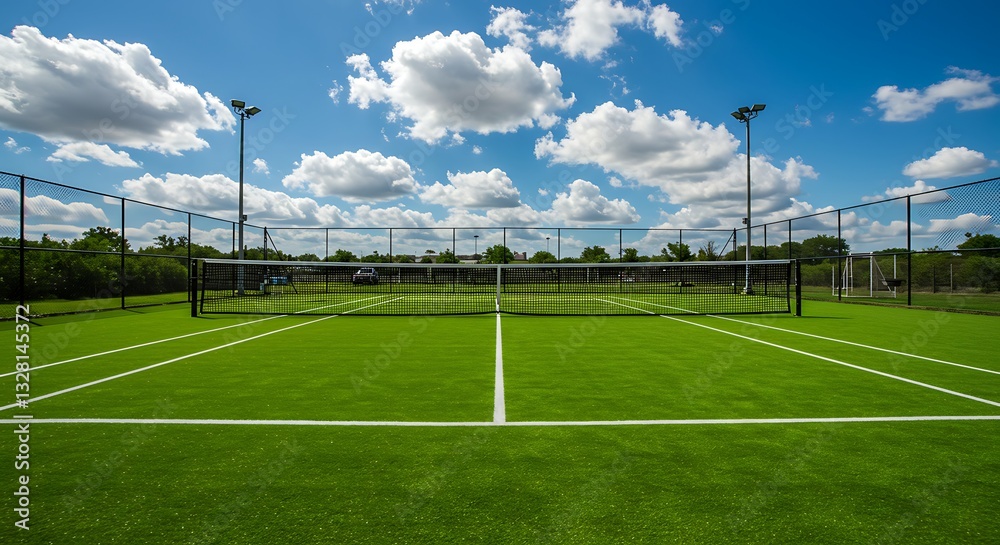 Fototapeta premium Playing Surface Empty Green Court with Net Under Blue Sky Clouds