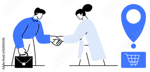 Two business professionals shaking hands, briefcase and shopping cart marker nearby. Ideal for collaboration, partnership, e-commerce, teamwork, deal-making, trust building, flat simple metaphor