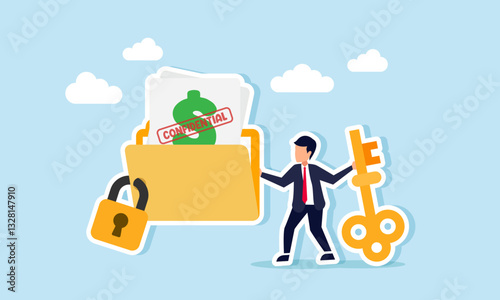 Businessman holds a key standing beside a locked dollar-labeled document folder marked CONFIDENTIAL, illustration of business company financial document confidentiality