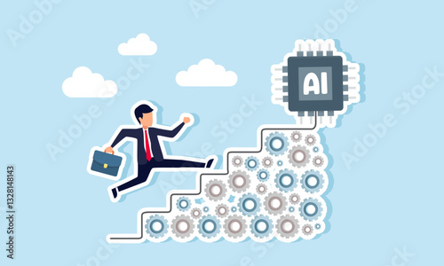 Businessman runs up stacked gears forming stairs to reach the top with an AI chip, illustration of how systematic thinking enhances AI capabilities