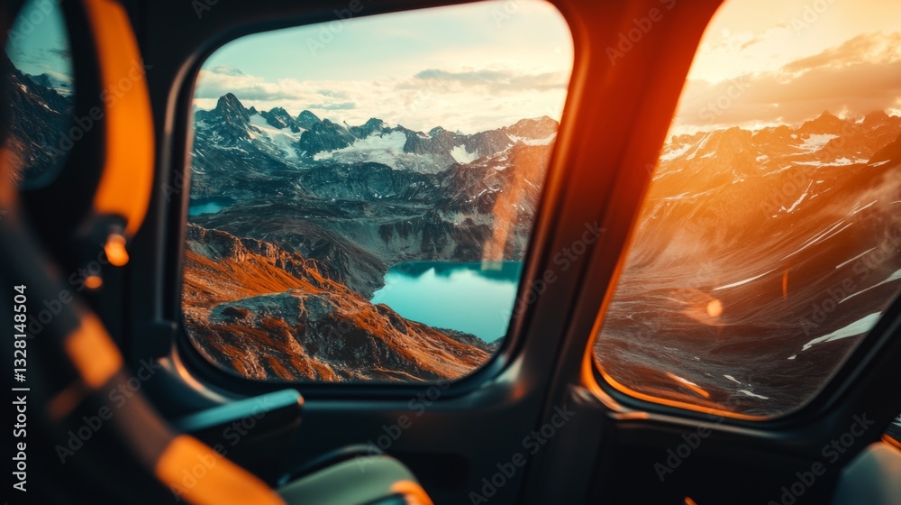 Fototapeta premium Aerial view of mountain landscape at sunset through aircraft window