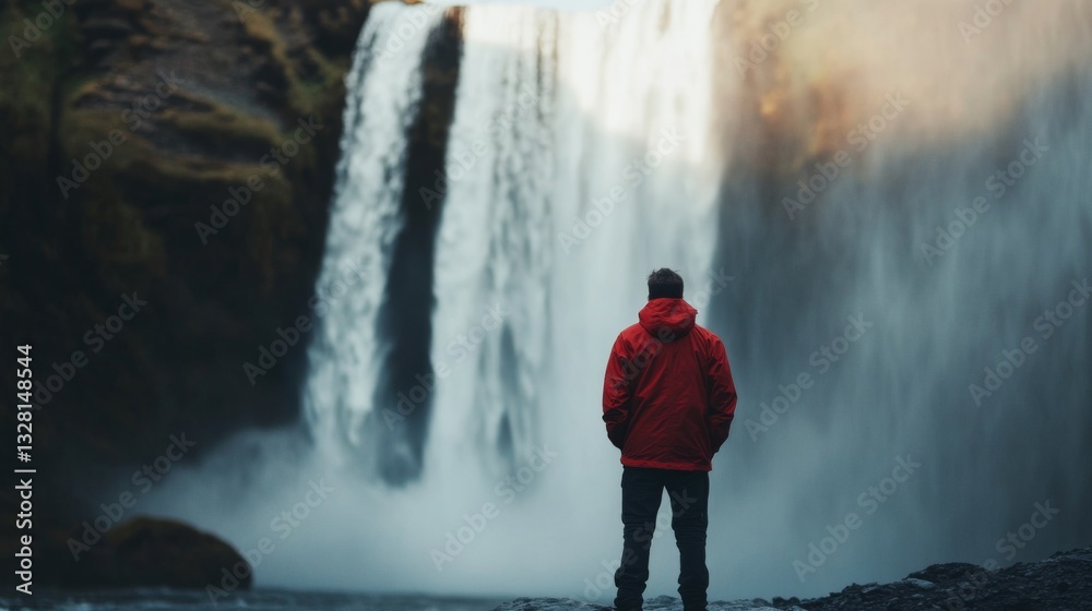 Obraz premium Serene contemplation by majestic waterfall in natural setting for travel inspiration