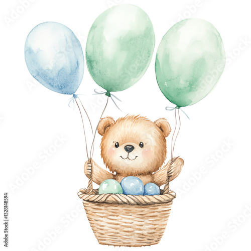 Cute teddy bear illustration features it in a basket adorned with three balloons, two pastel green and one light blue, each tied to the basket.