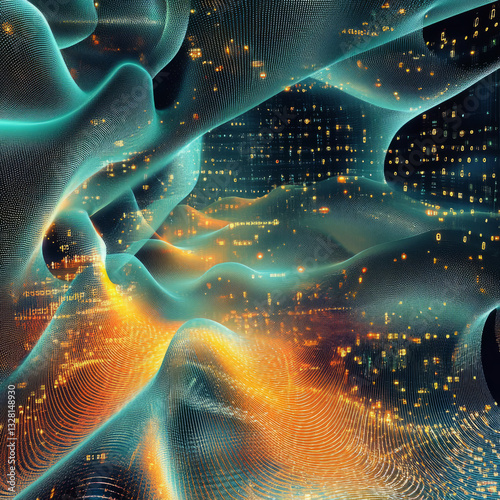Neon Cityscape with Teal and Orange Grid Overlay at Night
