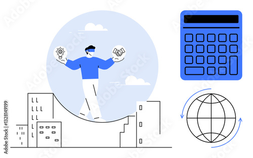 Businessman holding symbols for creativity and partnership while balancing above buildings. Adjacent are a calculator and a global icon. Ideal for finance, business, decision-making, global outreach