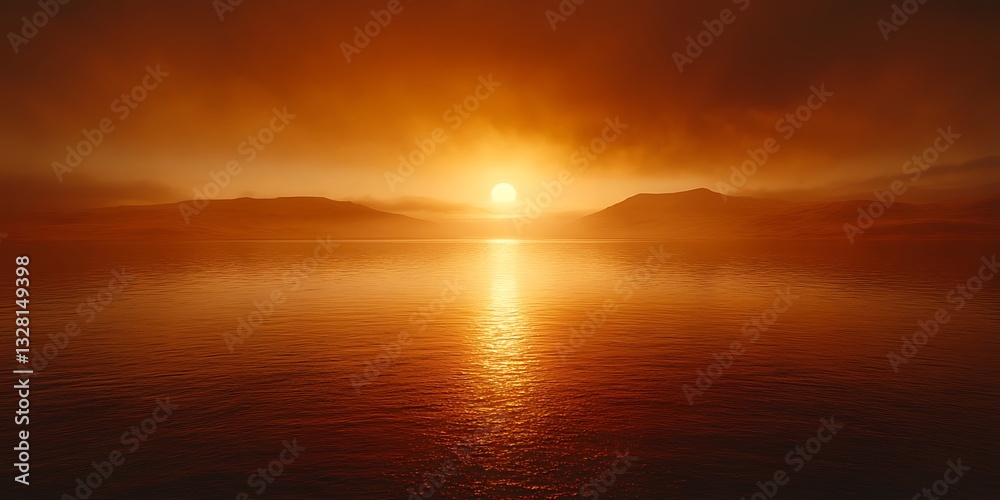 Naklejka premium Stunning Orange Sunset Over Calm Sea with Silhouette of Distant Hills, orange and brown theme landscape