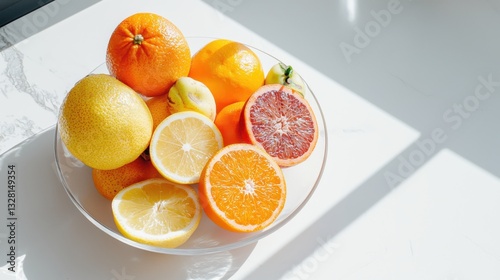 Bright citrus fruits in a bowl sunlit kitchen food photography fresh environment elevated angle showcasing vibrant colors
