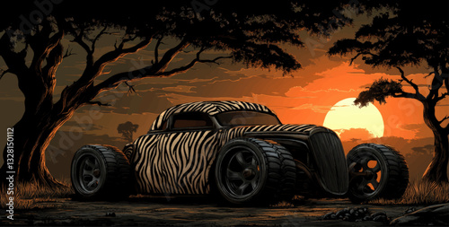 Zebra Print Car in Savanna at Sunset: Unique Customized Hot Rod with Bold Animal Patterns and Dramatic African Landscape Backdrop for Exotic Automotive Art Enthusiasts