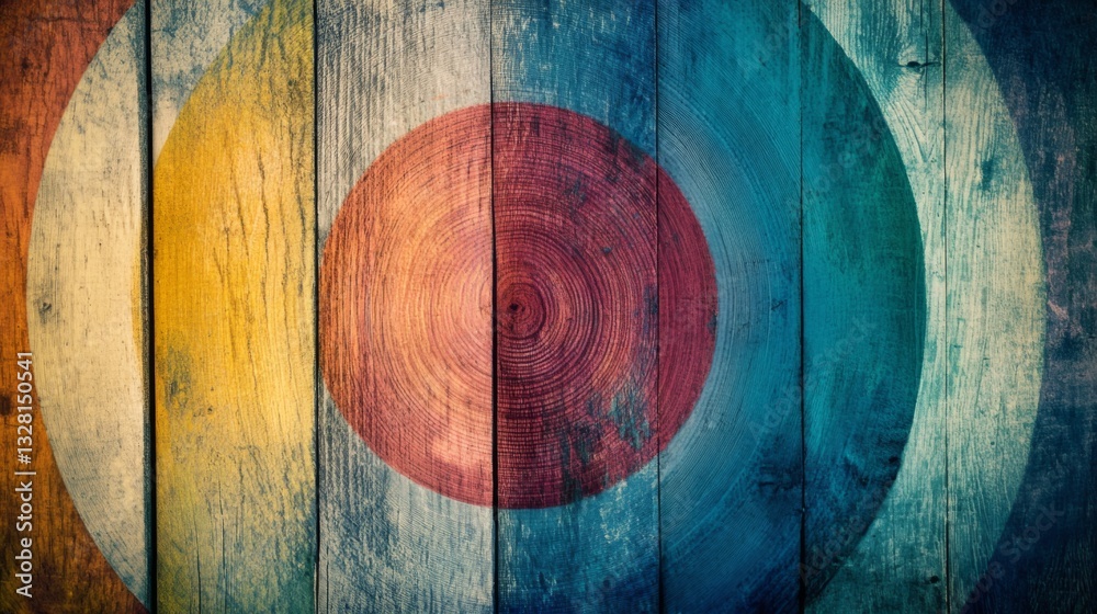 Colorful abstract circular pattern on rustic wooden planks design for wall art or background Colorful abstract circular pattern on rustic wooden planks design for wall art or background