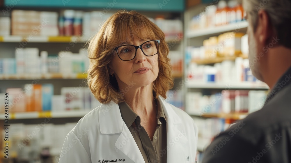 Fototapeta premium Customer consultation in pharmacy with female pharmacist in white coat