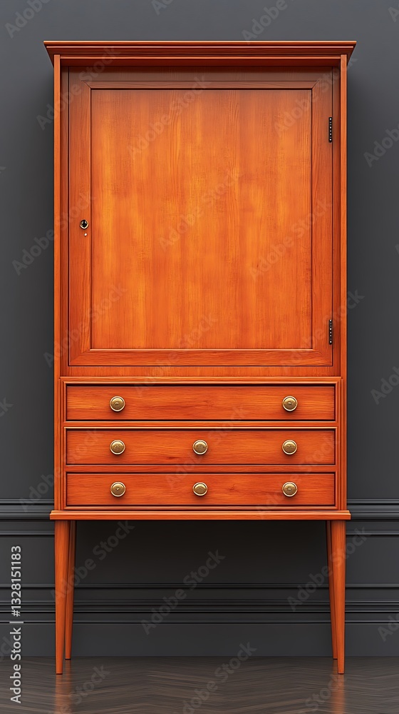 Fototapeta premium Elegant Wooden Mid-Century Modern Cabinet with Drawers and Doors