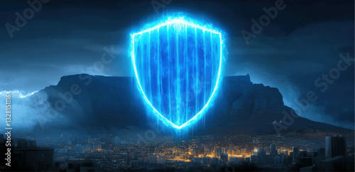 Futuristic Glowing Blue Shield Over Mountain Skyline and Cityscape at Night with Illuminated Distant Town Creates Cybersecurity Protection and Secure Horizon
