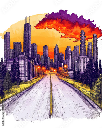 Vibrant Urban Skyline Vector Illustration: Sunset Over Cityscape with Skyscrapers, Empty Road, Colorful Sky, and Illuminated Streetlights