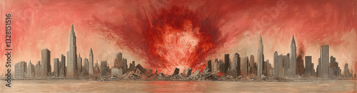 Dramatic Vector Art of City Apocalypse with Fiery Skyline and Collapsing Skyscrapers - Urban Destruction Illustrated in Surreal Colors and Atmospheric Flames