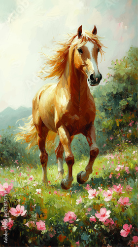 Dynamic Running Horse in Vibrant Floral Field Oil Painting Vector Image - Perfect for Nature Lovers and Art Enthusiasts - Lush Springtime Meadow Scenery