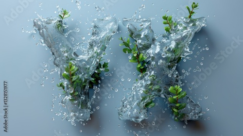 Water Splash Letters YX with Plants on Light Blue Background