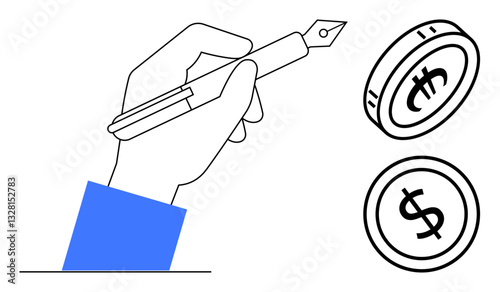 Hand holding fountain pen in creative gesture beside dollar and euro coins. Ideal for finance, investment, creativity, economy, writing, earning potential, and global commerce. Flat simple metaphor