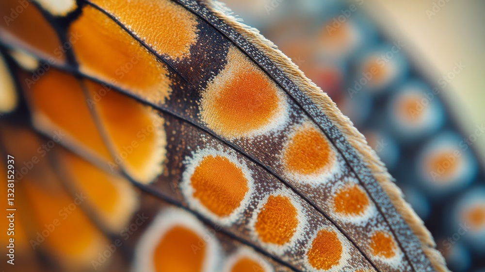 Close-up of butterfly wing with intricate orange and black patterns for nature prints Close-up of butterfly wing with intricate orange and black patterns for nature prints