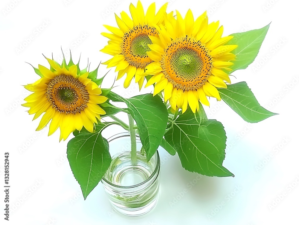 Obraz premium Beautiful Yellow Sunflowers in Clear Glass Vase on White Background