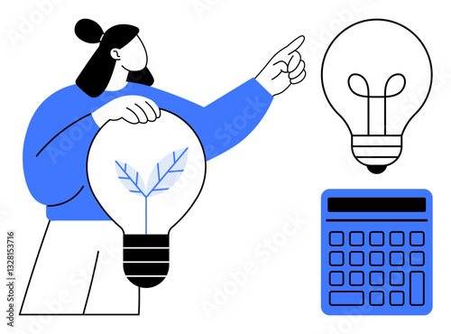 Woman holding sustainable lightbulb with leaf design, pointing at creative ideas and solutions next to a calculator. Ideal for sustainability, energy-saving, creativity, innovation, education