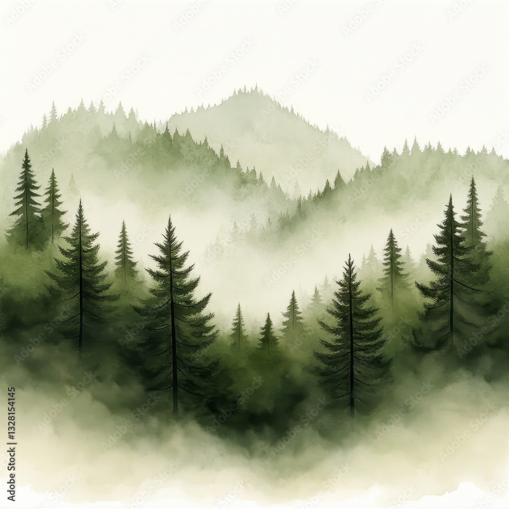 Fototapeta premium Misty Mountain Landscape with Evergreen Trees and Soft Fog