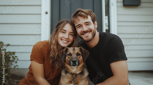 young couple embraces their loyal dog on porch of their new home, radiating happiness and contentment with their purchase