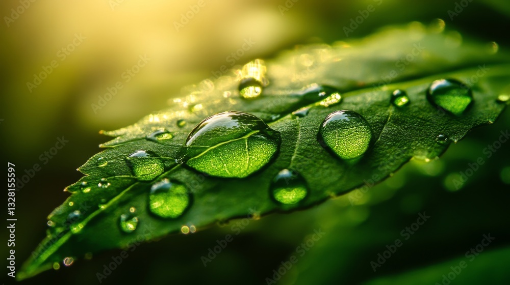 Close-up of fresh green leaf with morning dew in sunlight Close-up of fresh green leaf with morning dew in sunlight