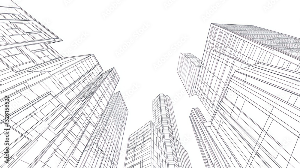 Fototapeta premium Architectural drawing of skyscrapers, looking up, design, illustration