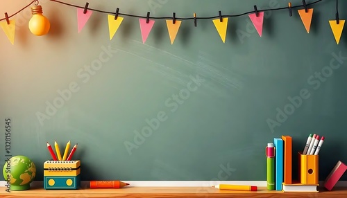 Vibrant classroom scene with chalkboard and fun colorful learning accessories