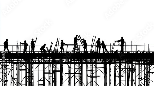 Construction workers on scaffolding, silhouette image, industrial scene, white background, for use in presentations or educational materials photo