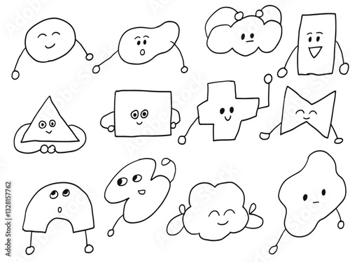 手描きイラストセット　キャラクター　幾何学模様　ペン　落書き