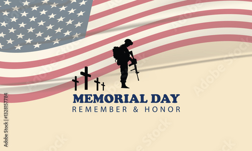Memorial Day remember and honor with soldier silhouette mourning at military cemetery and