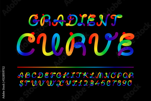 Color gradient curved twisted script typeface. Numbers and letters cursive, round painted game alphabet. Rainbow ribbon vivid 3d fusion font. Flexible looped intersected bold lines liquid summer party