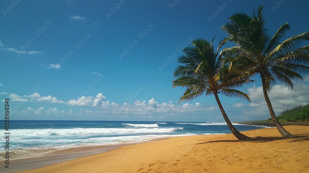 Obraz premium Tropical Beach Scene with Palm Trees and Ocean Waves, scenic landscape under blue vast skies