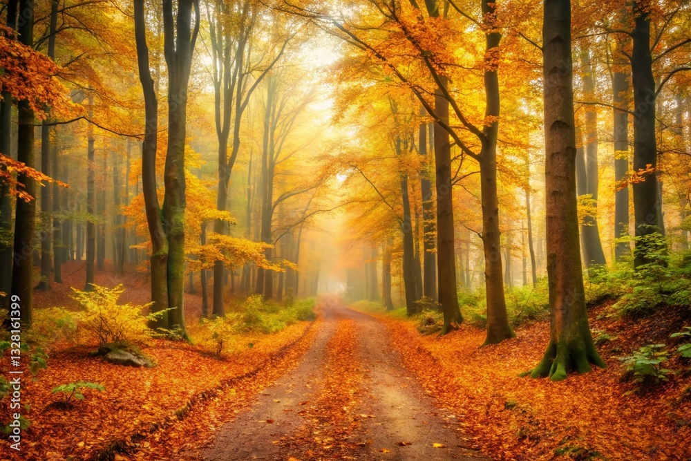 Misty Autumn Forest Path: Panoramic Golden Leaves, Serene Nature Scene, Travel Adventure Misty Autumn Forest Path: Panoramic Golden Leaves, Serene Nature Scene, Travel Adventure