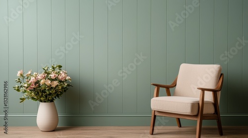 Durable Wall Paint Home Interior Coatings, Trendy Green Wall with Modern Armchair and Floral Arrangement in Room