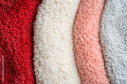 Soft and fluffy faux fur fabric in red, white, pink, and gray tones, showcasing cozy texture and warmth for fashion and interior design