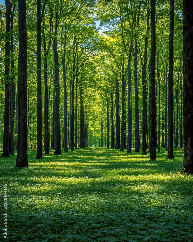 Fototapeta premium A serene view of a lush green forest, featuring a winding dirt path that meanders through tall trees, vibrant foliage, and dappled sunlight filtering through the leaves.