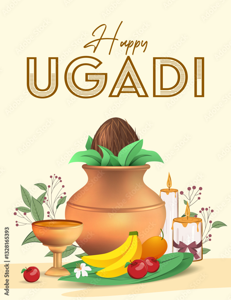 Fototapeta premium Happy Ugadi. Template greeting card for holiday Ugadi. Gold pot with creative kalash