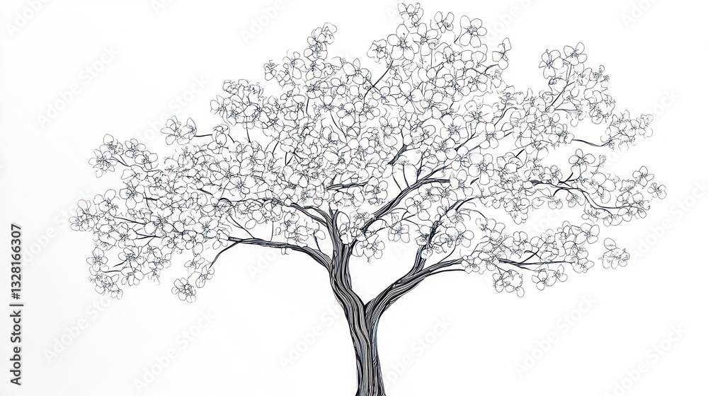 Obraz premium Detailed line drawing of a flowering tree against a plain background. Possible use Stock image for nature, design, or education