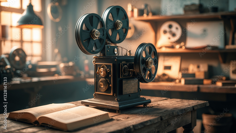 Fototapeta premium Classic Vintage Film Projector in a Rustic Study